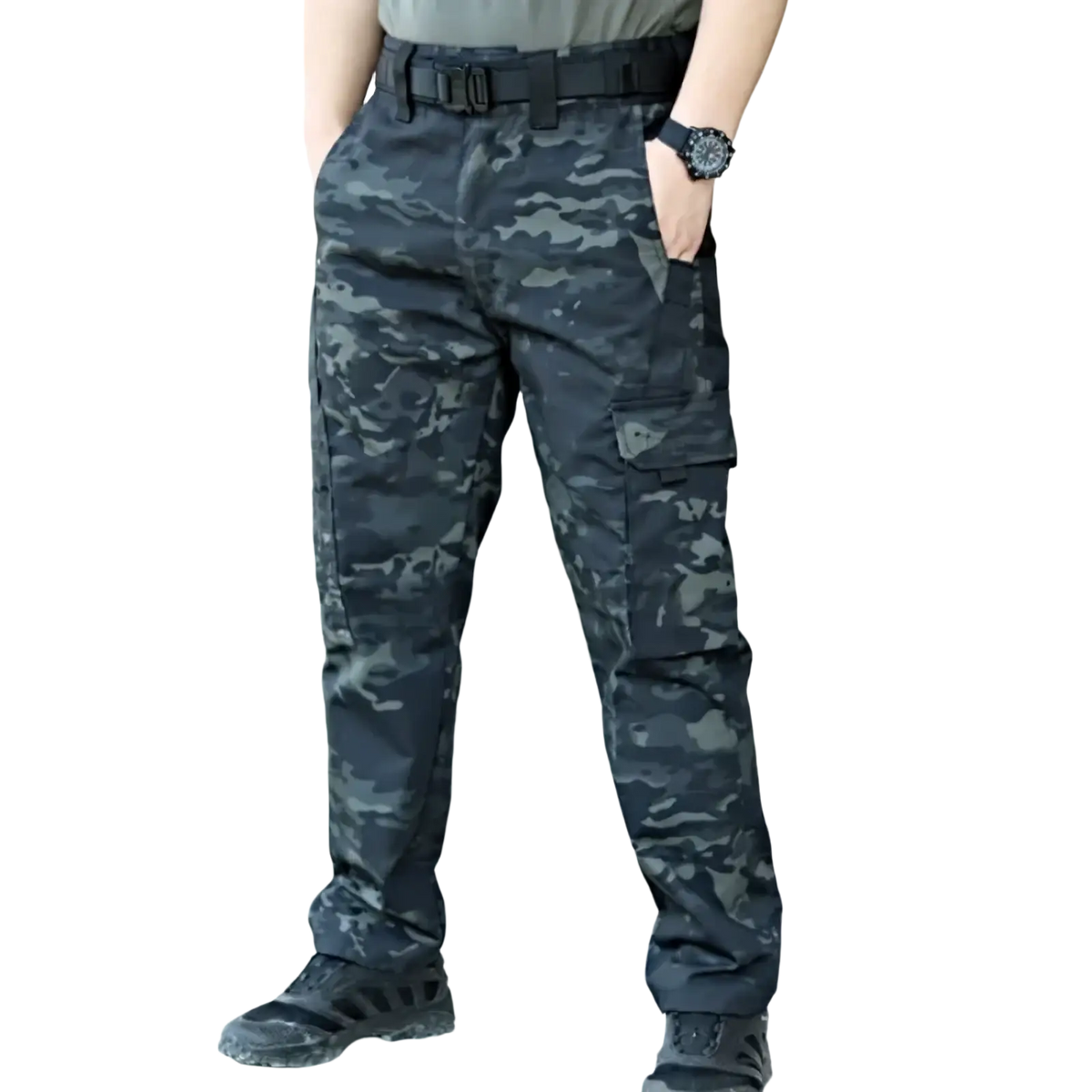 Men waterproof tactical cargo pants in black and gray digital camouflage with multiple cargo pockets shown from the back