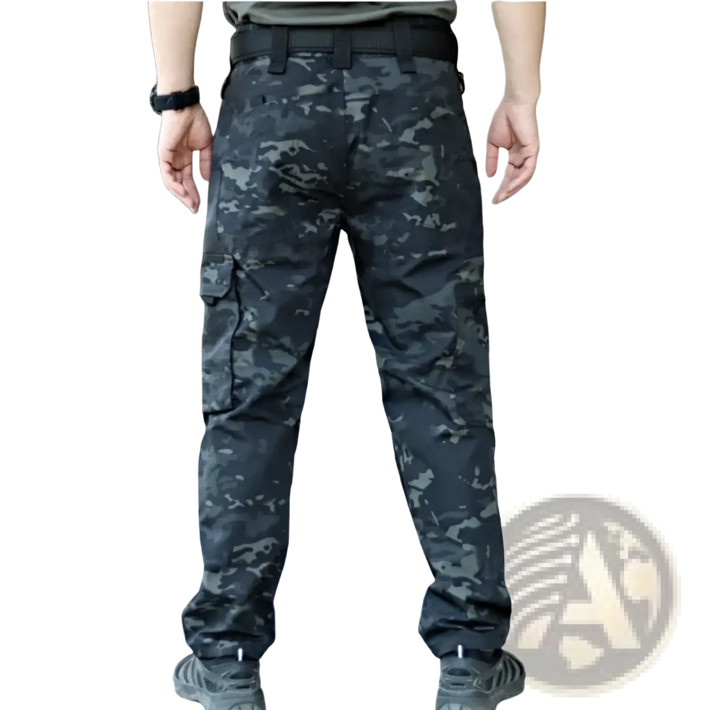 Men waterproof tactical cargo pants in black and gray digital camouflage with multiple cargo pockets visible from the back