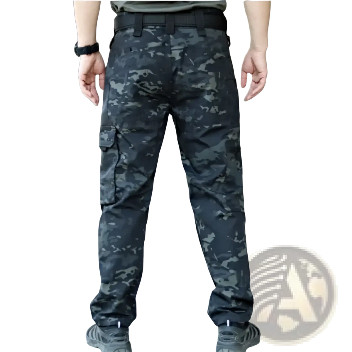 Men waterproof tactical cargo pants in black and gray digital camouflage with multiple cargo pockets visible from the back