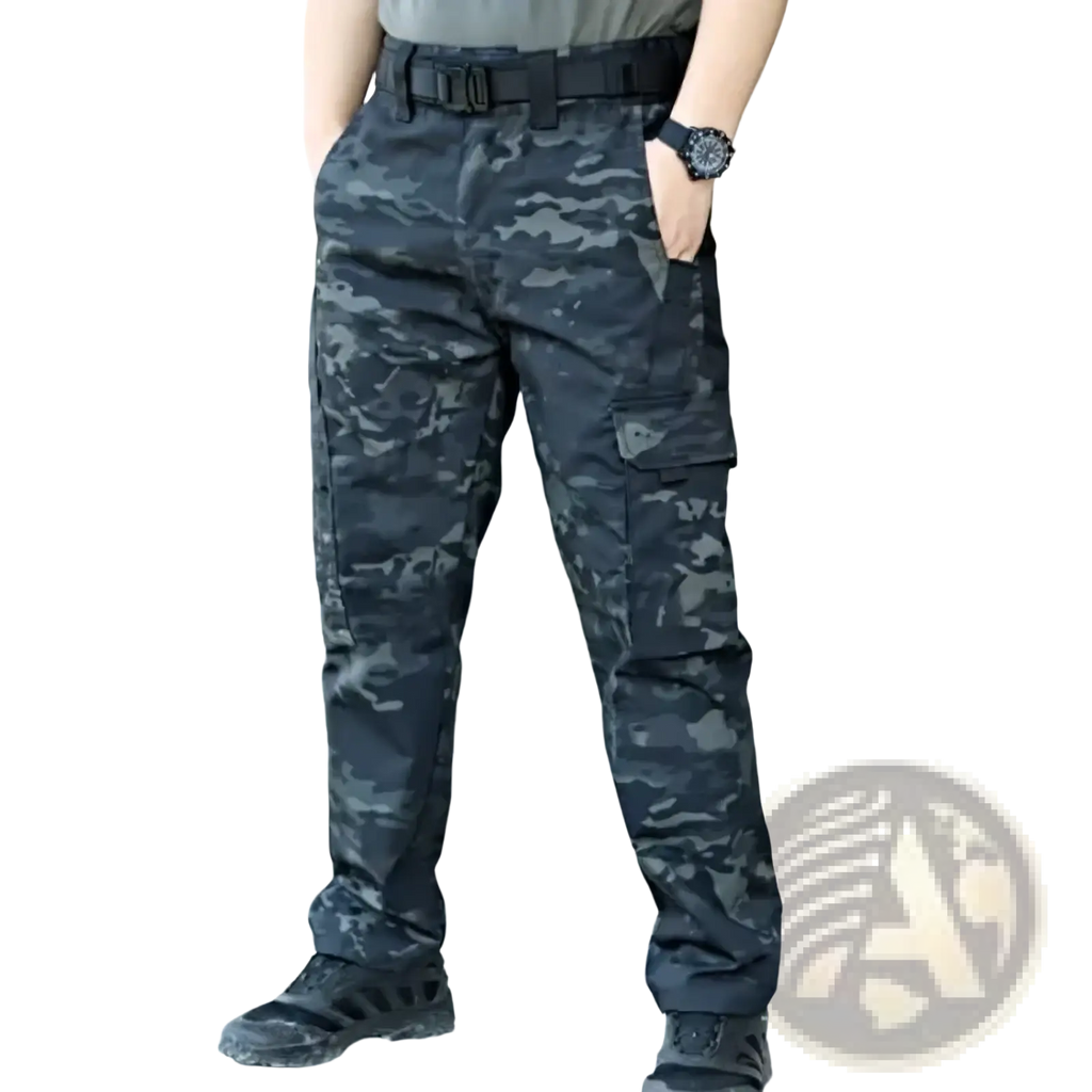 Men waterproof tactical cargo pants in black and gray digital camouflage with multiple cargo pockets