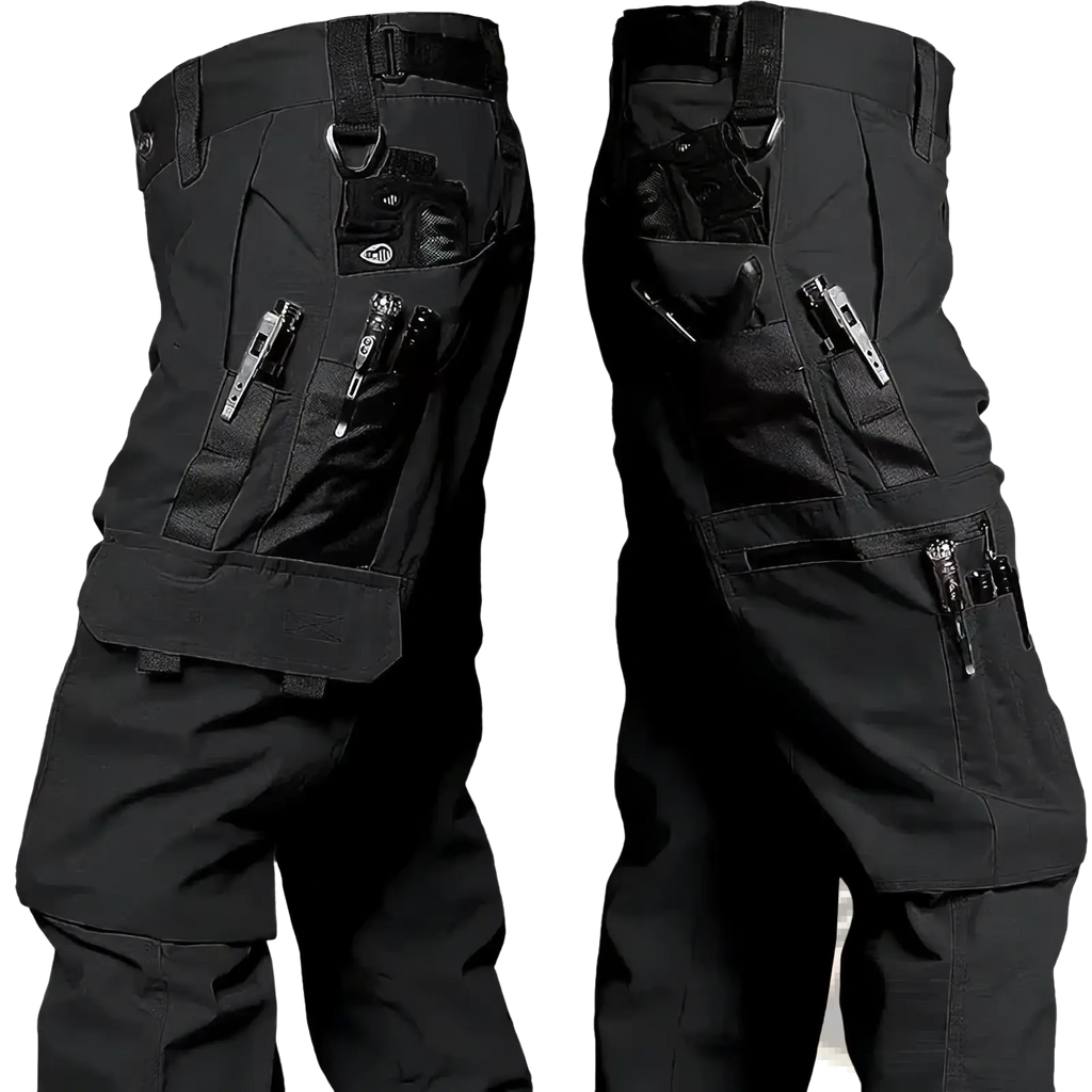 Men waterproof tactical cargo pants in black featuring multiple utility pockets and zipper closures for durability