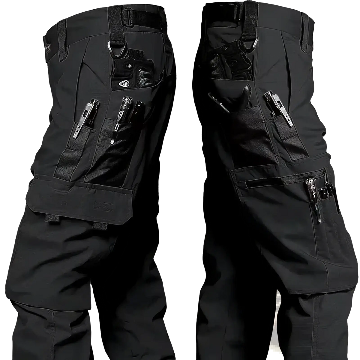 Men waterproof tactical cargo pants in black featuring multiple utility pockets and zipper closures for durability