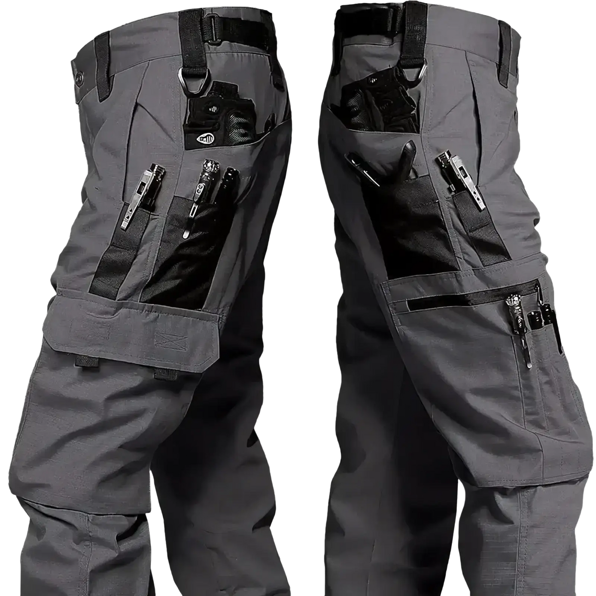 Men waterproof tactical cargo pants in dark gray with black accents made from durable fabric featuring multiple utility pockets