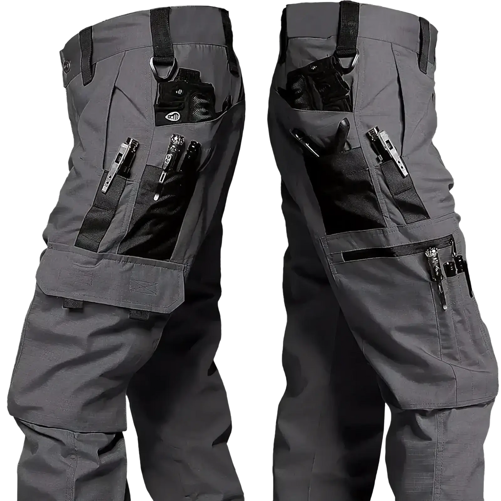 Dark gray men waterproof tactical cargo pants with black accents, durable fabric, and multiple utility pockets
