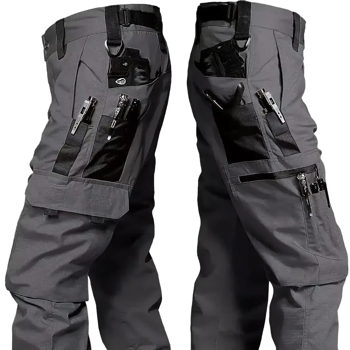 Dark gray men waterproof tactical cargo pants with multiple utility pockets and black accents for outdoor use