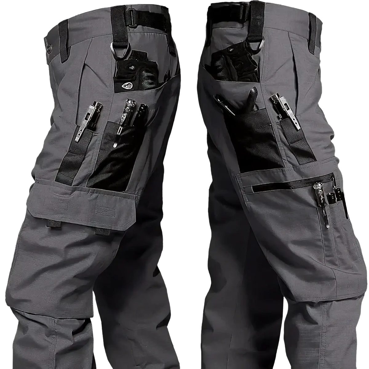 Dark gray waterproof men tactical cargo pants with multiple pockets and black accents for outdoor use