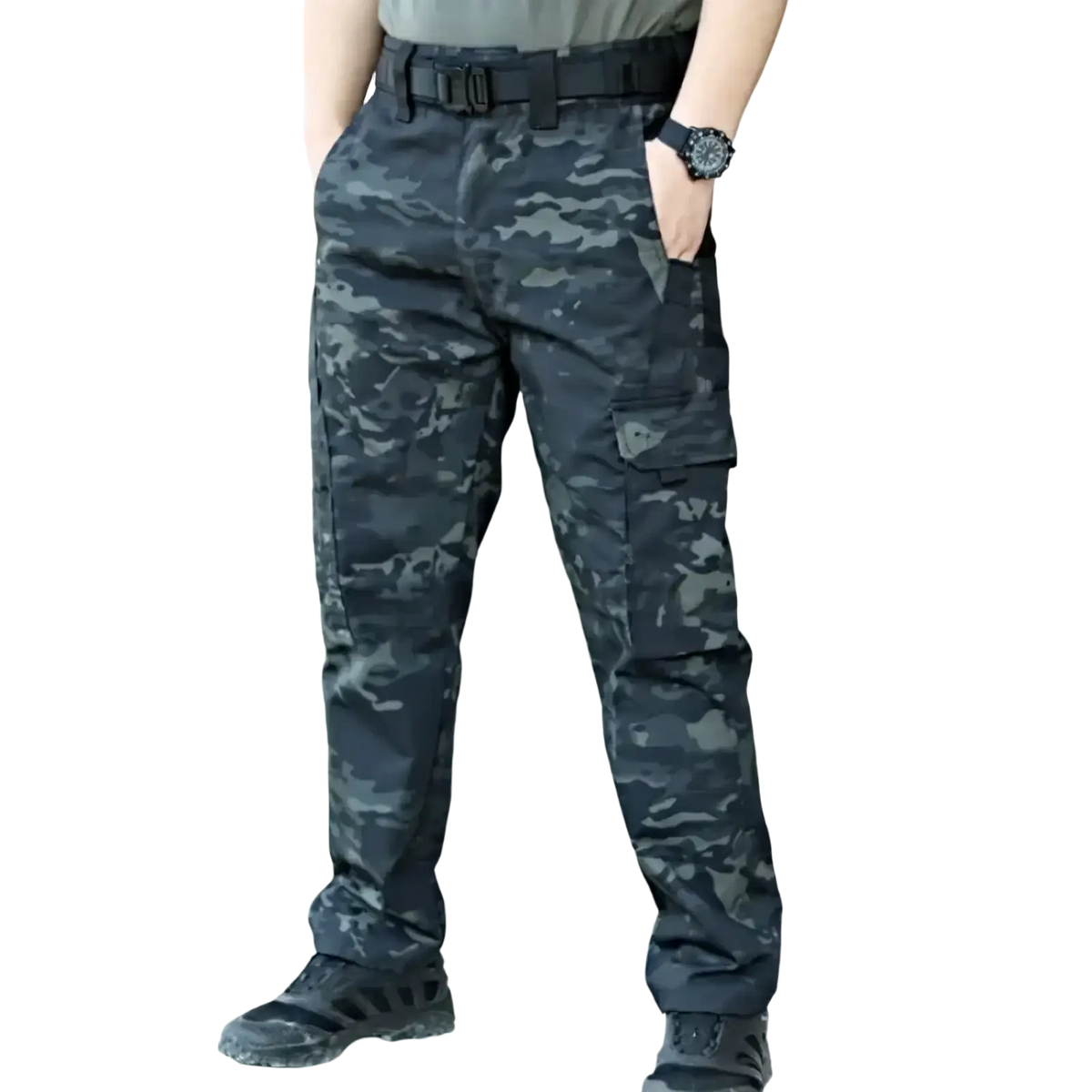 Dark gray and black waterproof tactical cargo pants with multiple cargo pockets for men