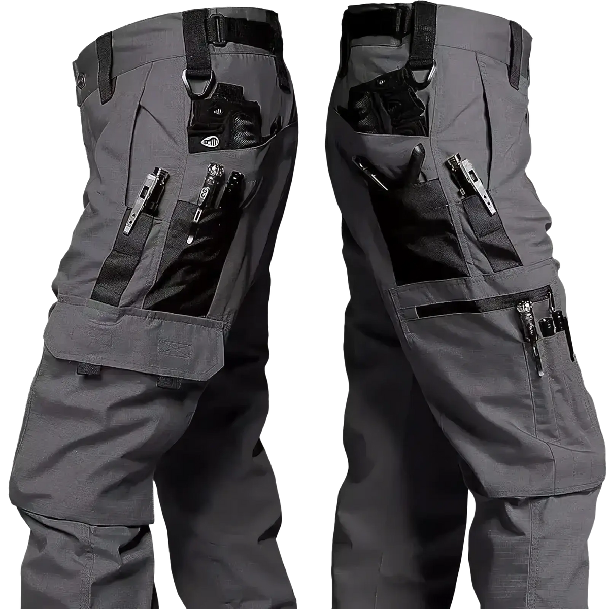 Men waterproof tactical cargo pants in gray with multiple pockets and black accents, shown from the back side