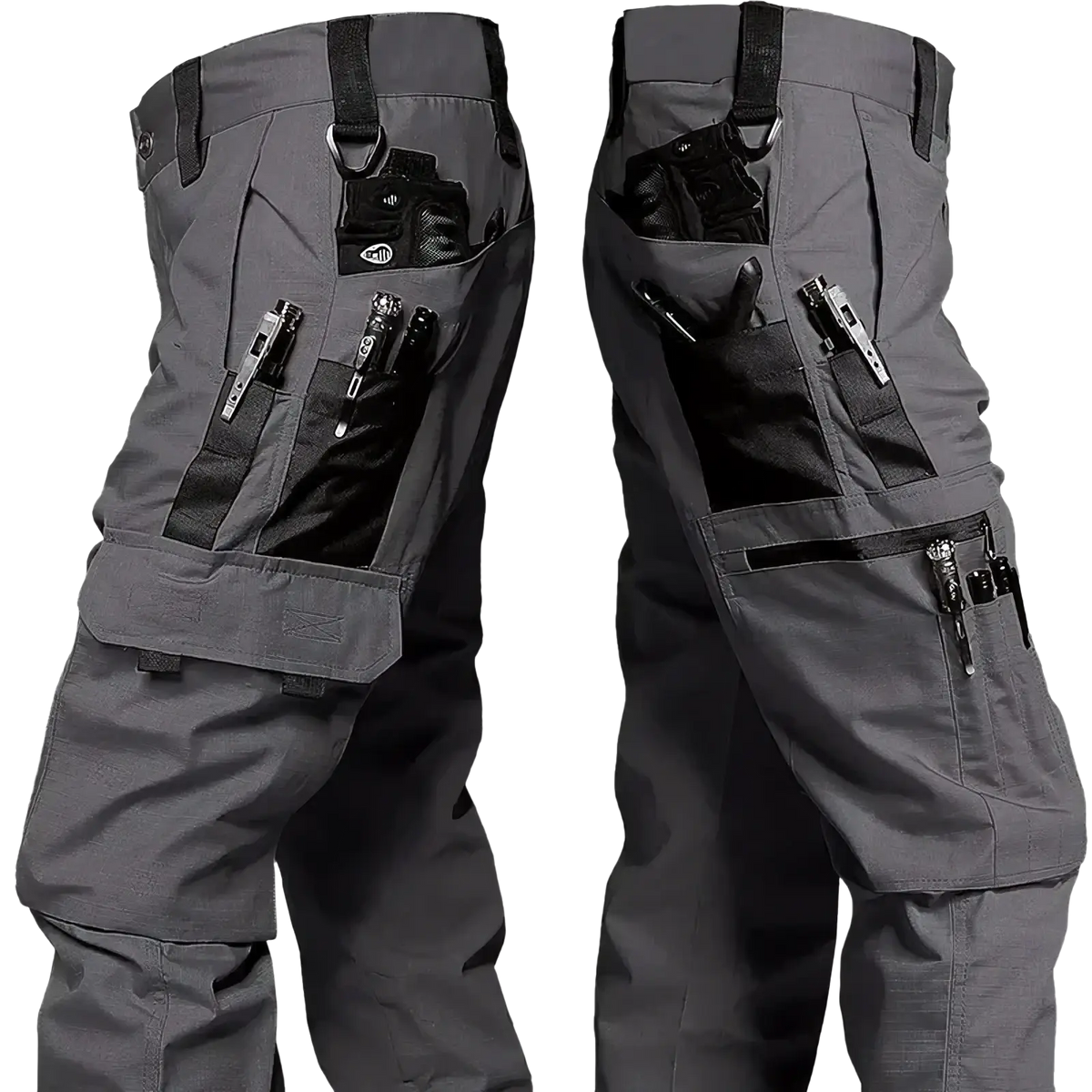 Men waterproof tactical cargo pants in gray with multiple pockets black accents and durable fabric design