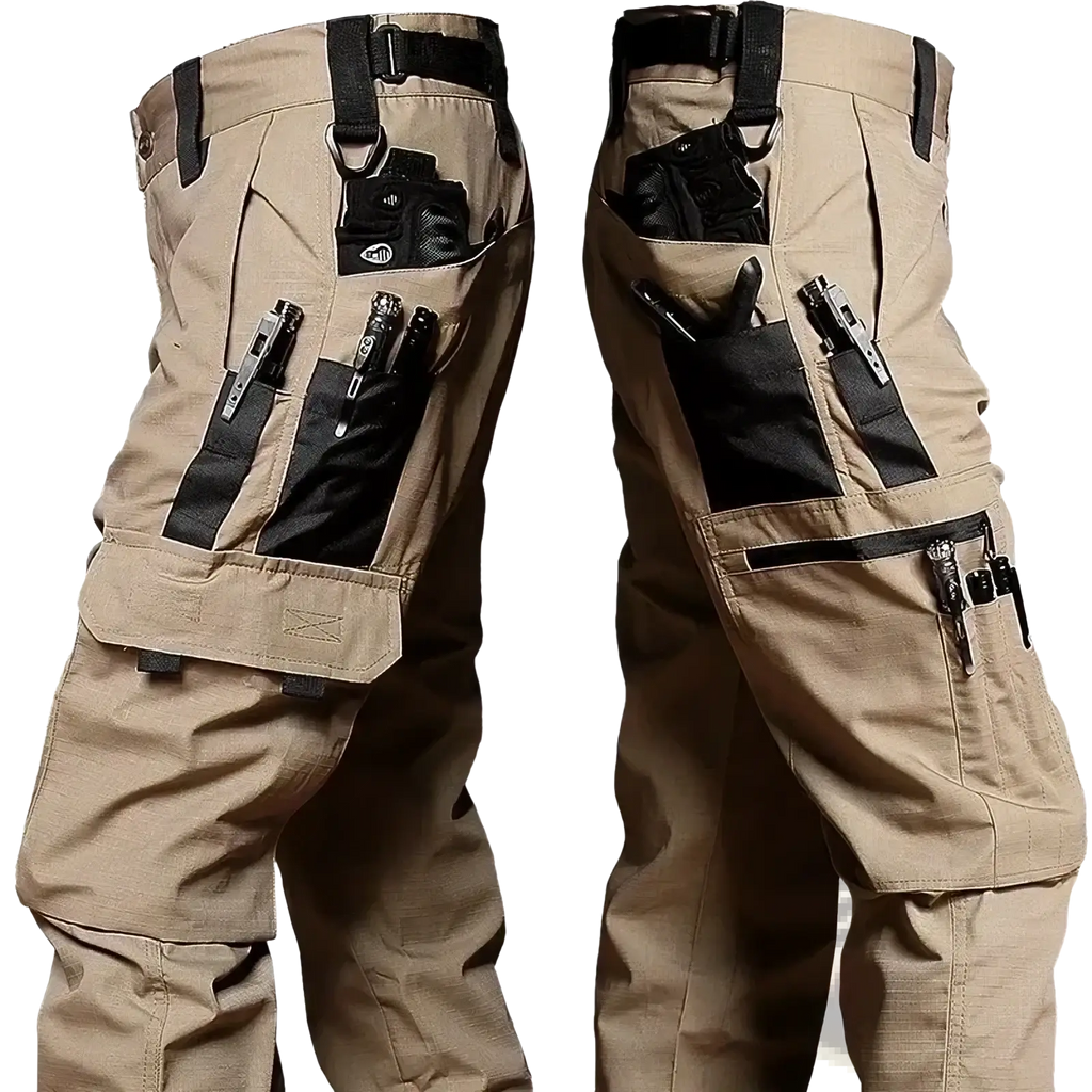 Tan waterproof tactical cargo pants with multiple black utility pockets and reinforced stitching for durability