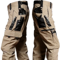 Tan waterproof tactical cargo pants with multiple black utility pockets and reinforced stitching for durability