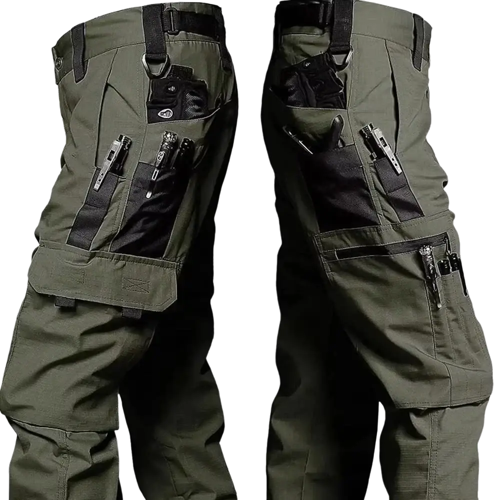 Men olive green waterproof tactical cargo pants with multiple black utility pockets and reinforced stitching