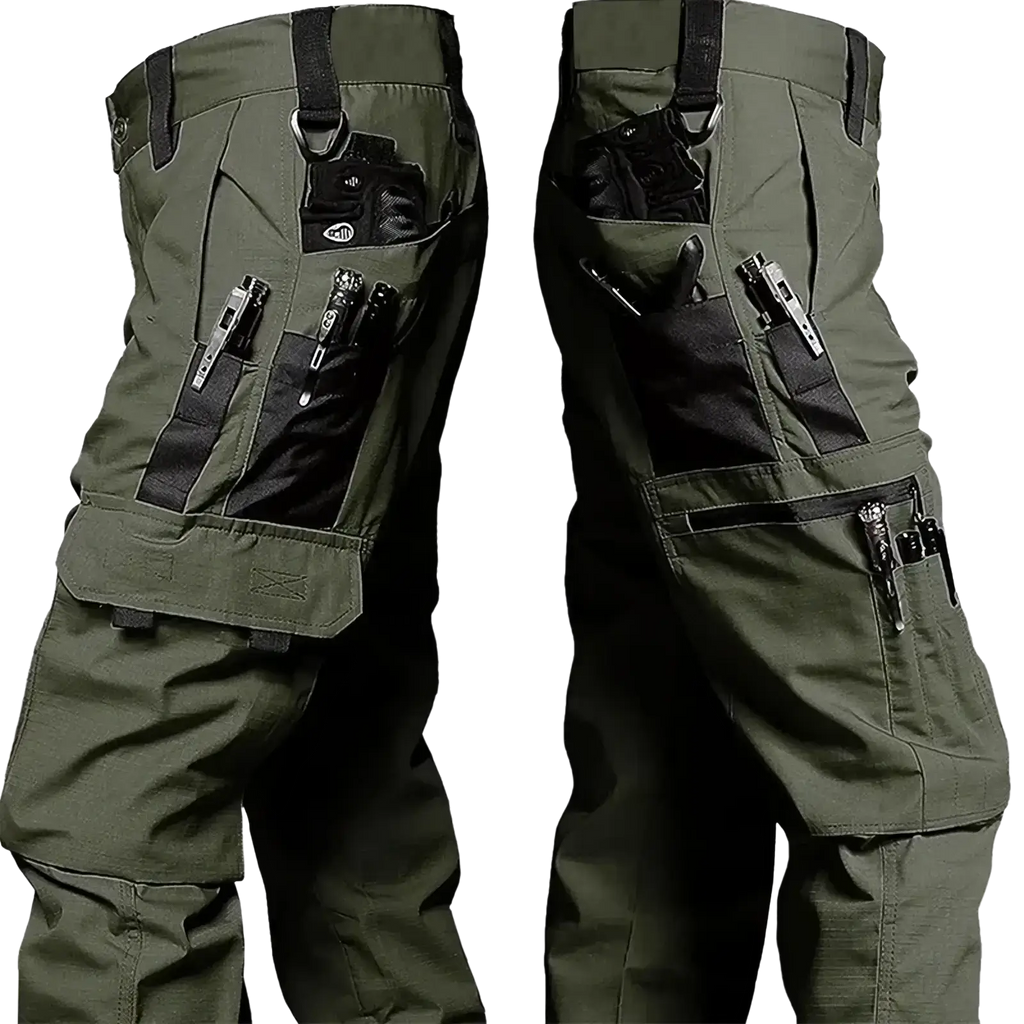 Olive green men waterproof tactical cargo pants with multiple black utility pockets and reinforced stitching