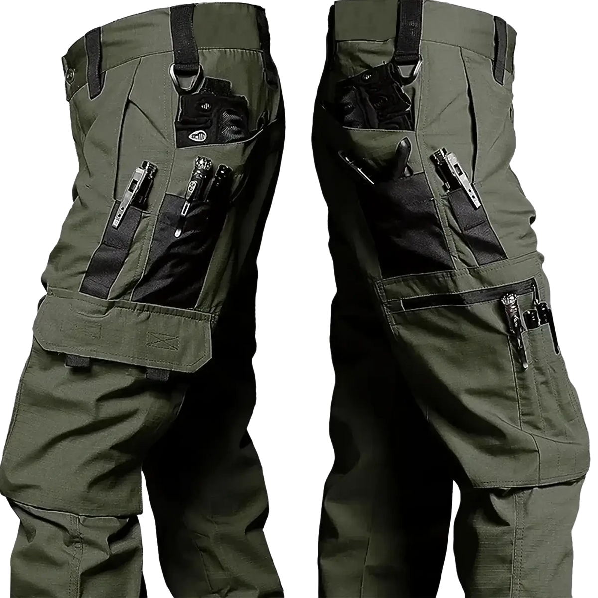 Olive green men waterproof tactical cargo pants with multiple black utility pockets and reinforced stitching