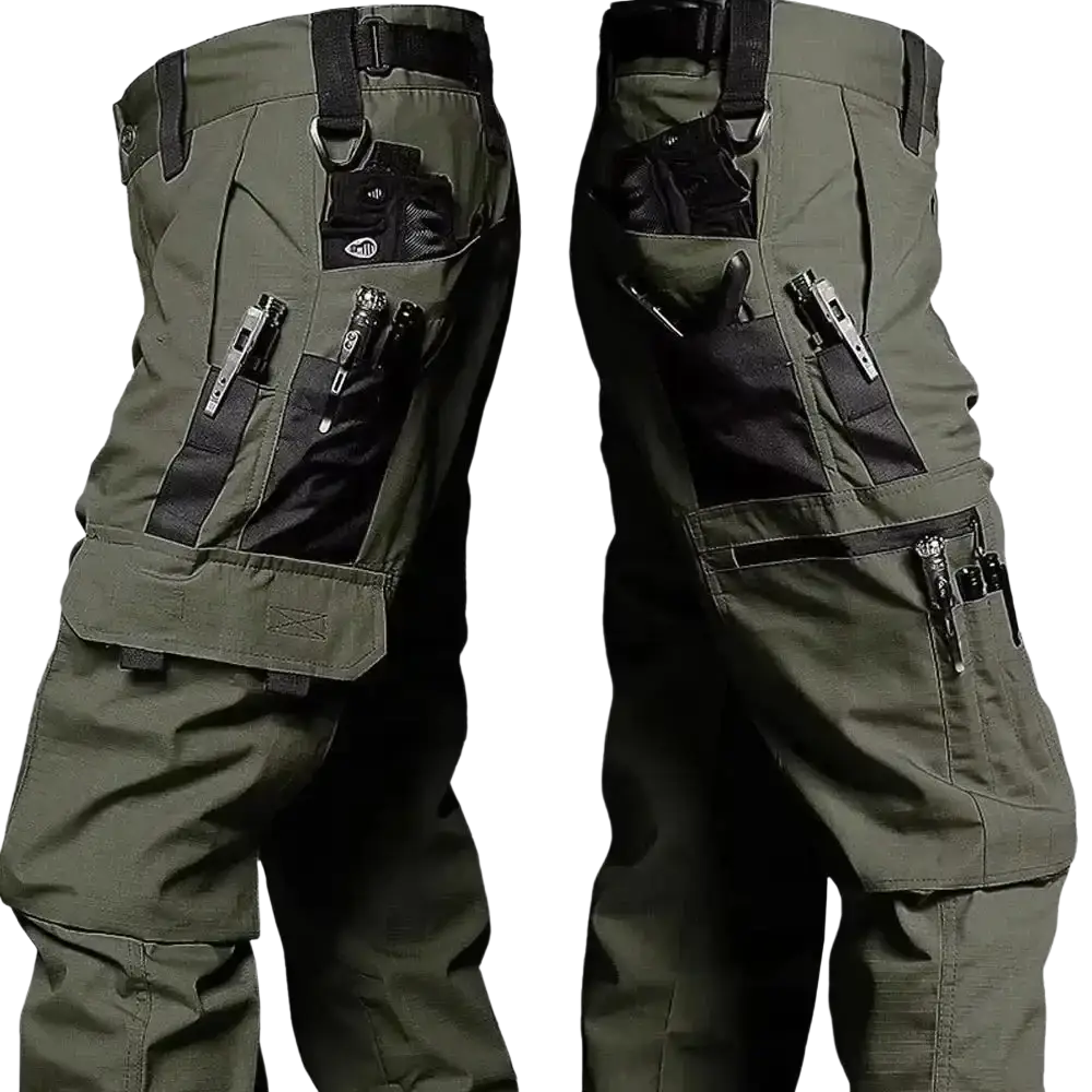 Olive green men waterproof tactical cargo pants with multiple black utility pockets and reinforced stitching