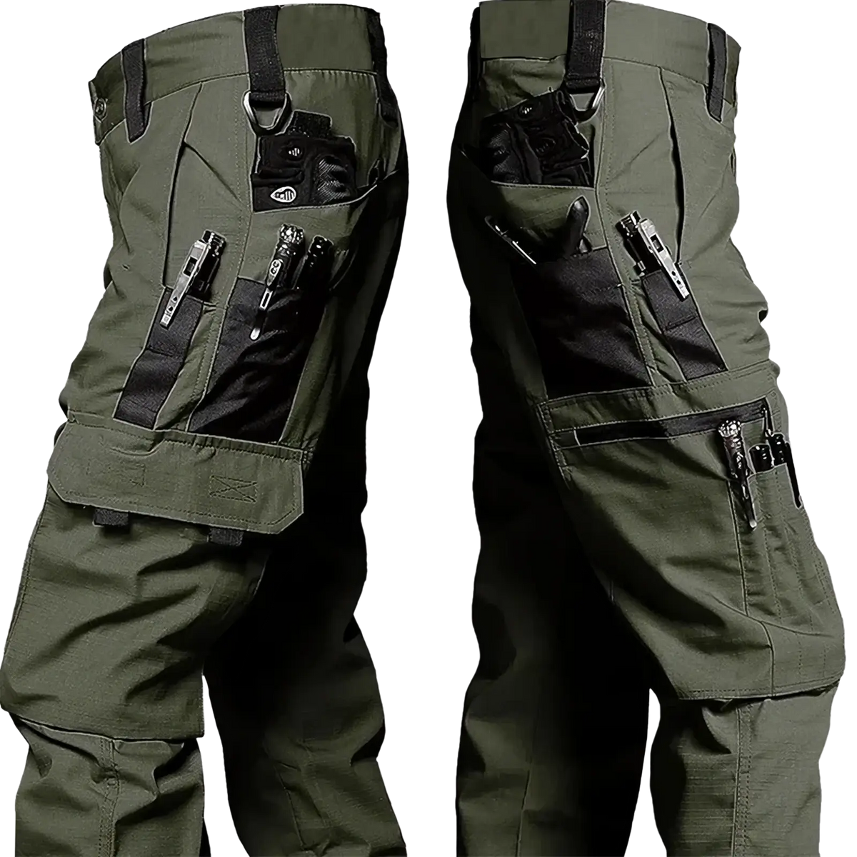 Men waterproof tactical cargo pants in olive green with black utility pockets and reinforced stitching for durability