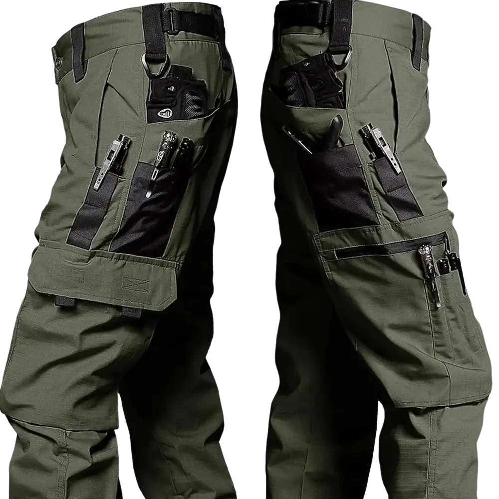 Men waterproof tactical cargo pants in olive green with multiple black utility pockets and reinforced stitching