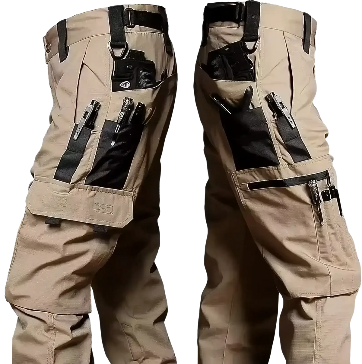 Men waterproof tactical cargo pants in tan with black reinforced pockets and multiple utility compartments for durability