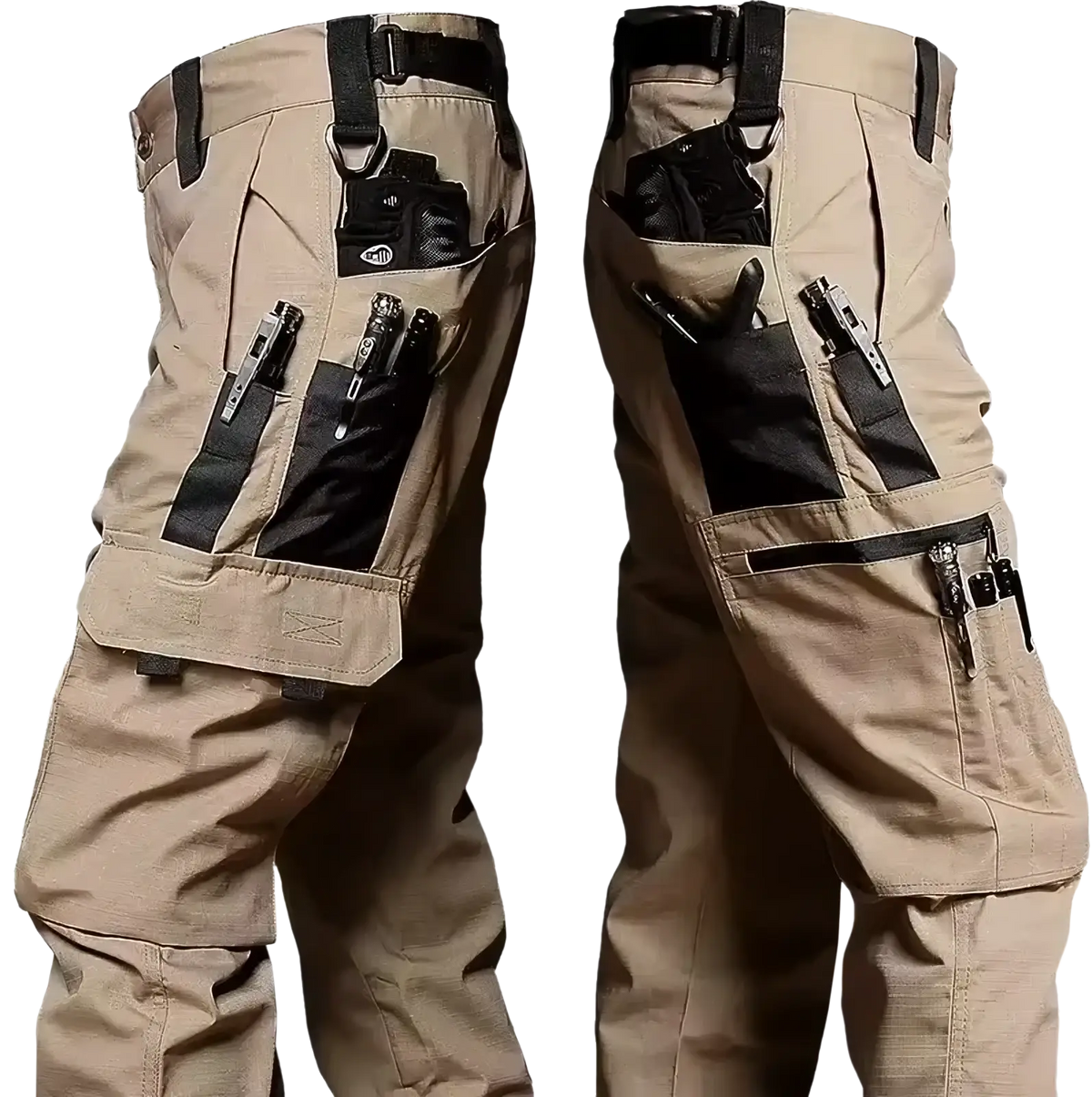 Tan waterproof tactical cargo pants with multiple black utility pockets and reinforced stitching shown from the back side