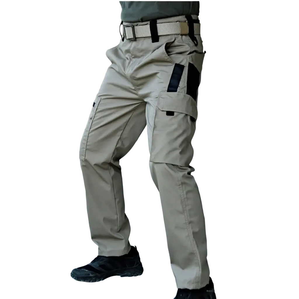 Tan waterproof tactical cargo pants with black fabric accents and multiple utility pockets for men