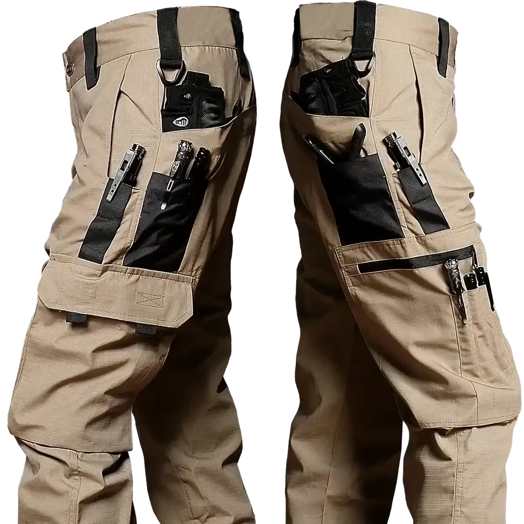 Men waterproof tactical cargo pants in tan with multiple black utility pockets and reinforced durable fabric construction