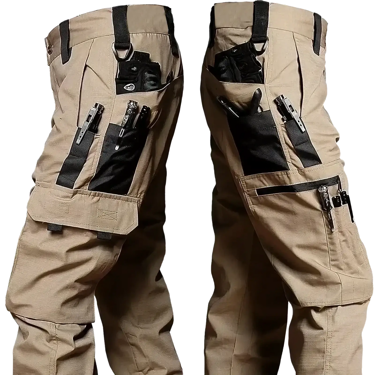 Men waterproof tactical cargo pants in tan with multiple black utility pockets and reinforced durable fabric construction