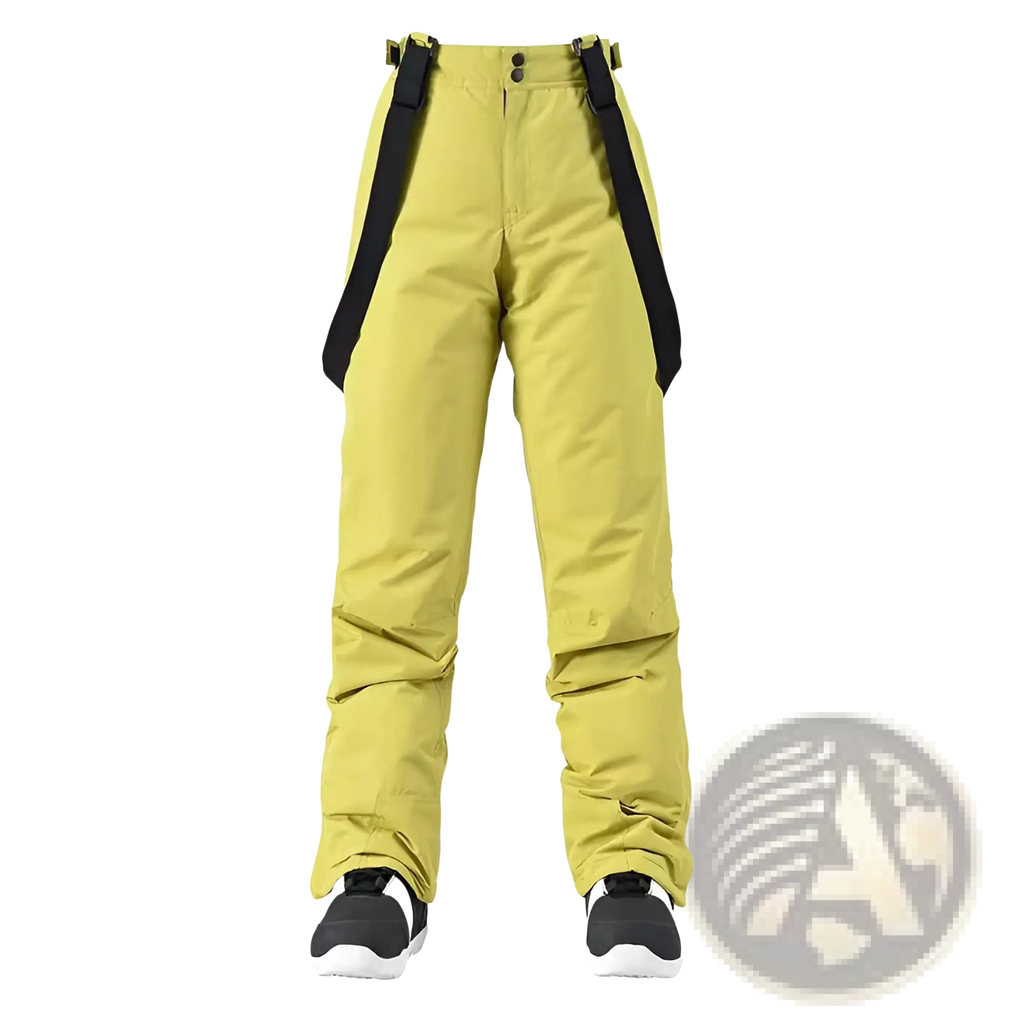 Men waterproof thermal snow pants in bright lime green with black side panels and adjustable straps for cold weather