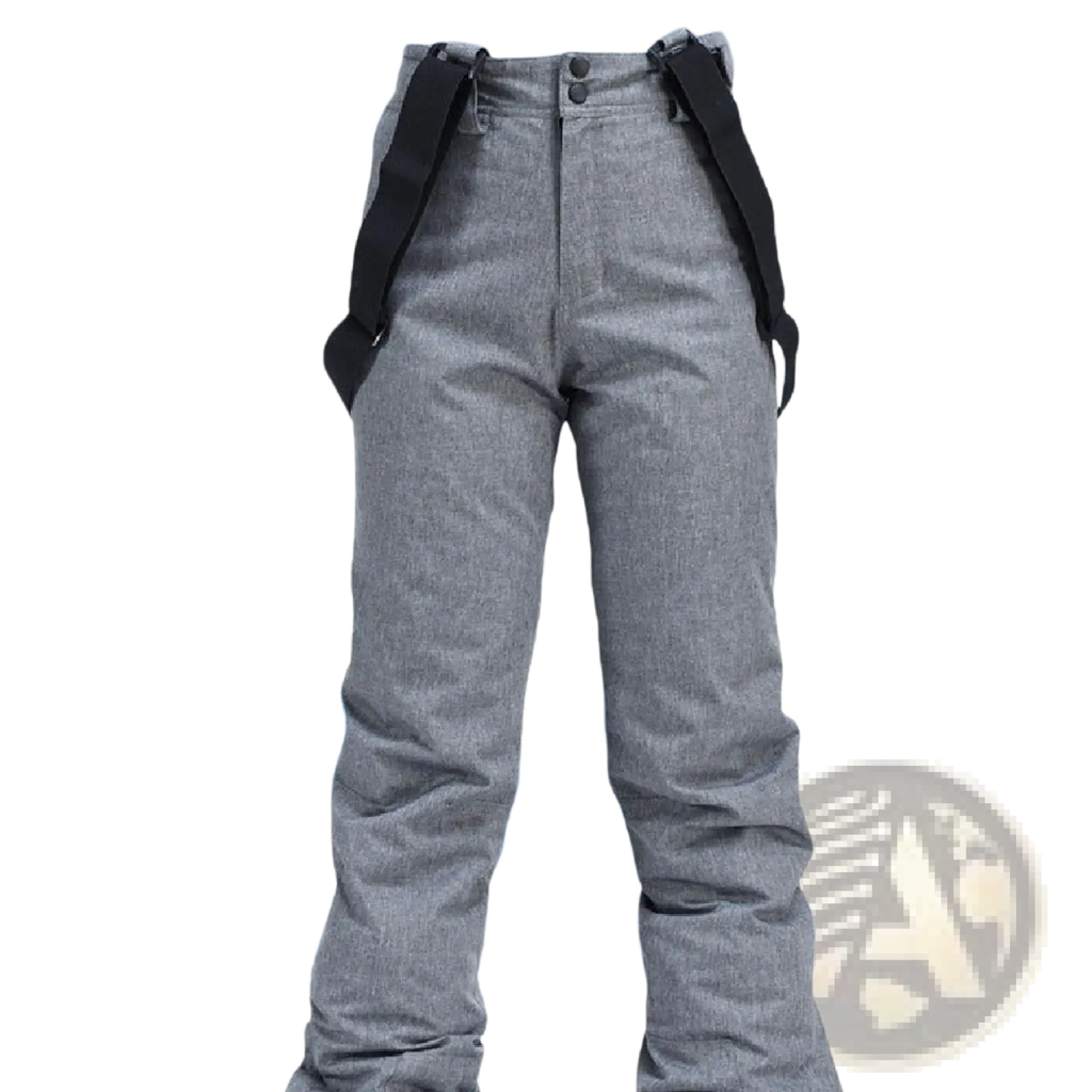 Men waterproof thermal gray snow pants with black adjustable suspenders designed for outdoor winter activities