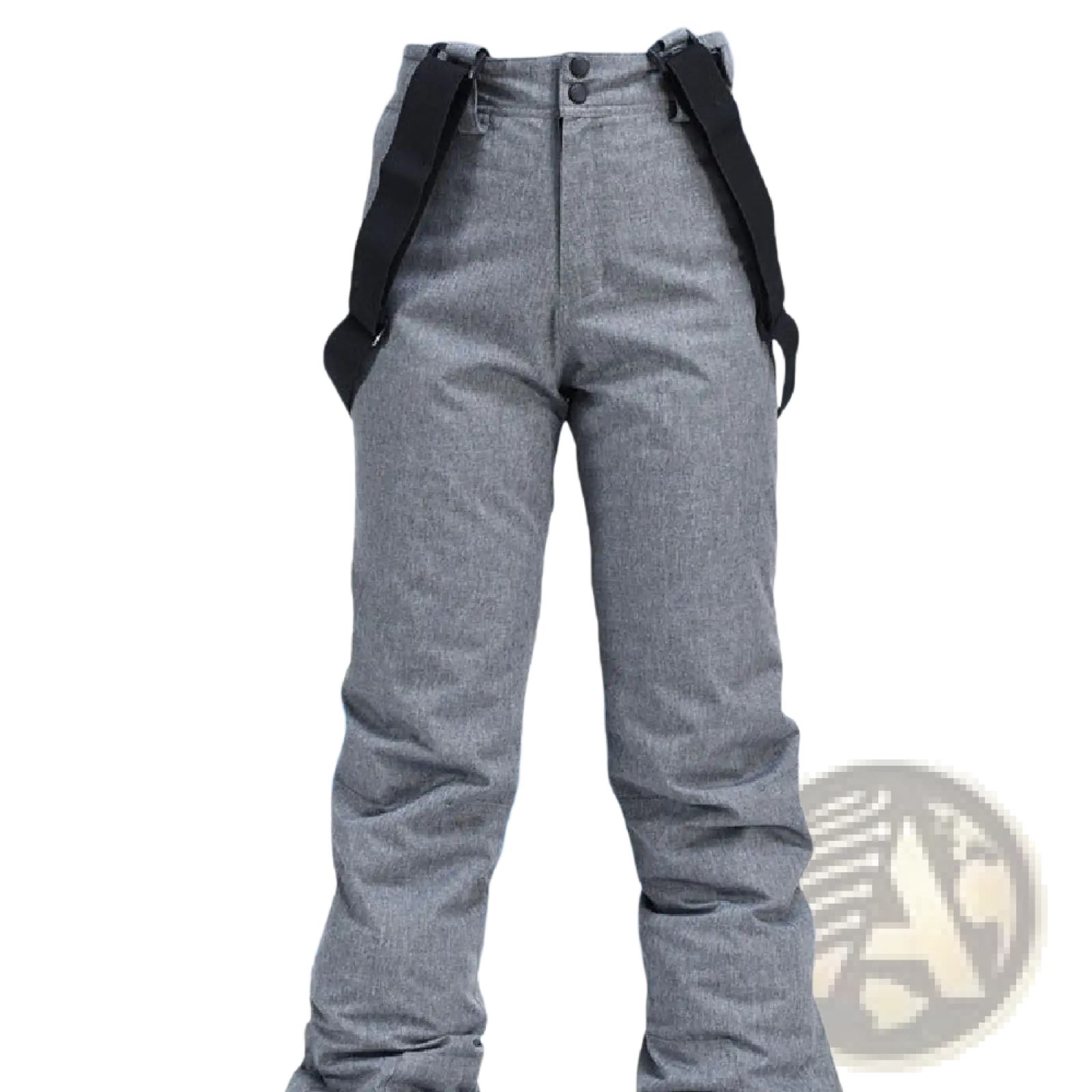 Men waterproof thermal gray snow pants with black adjustable suspenders designed for outdoor winter activities