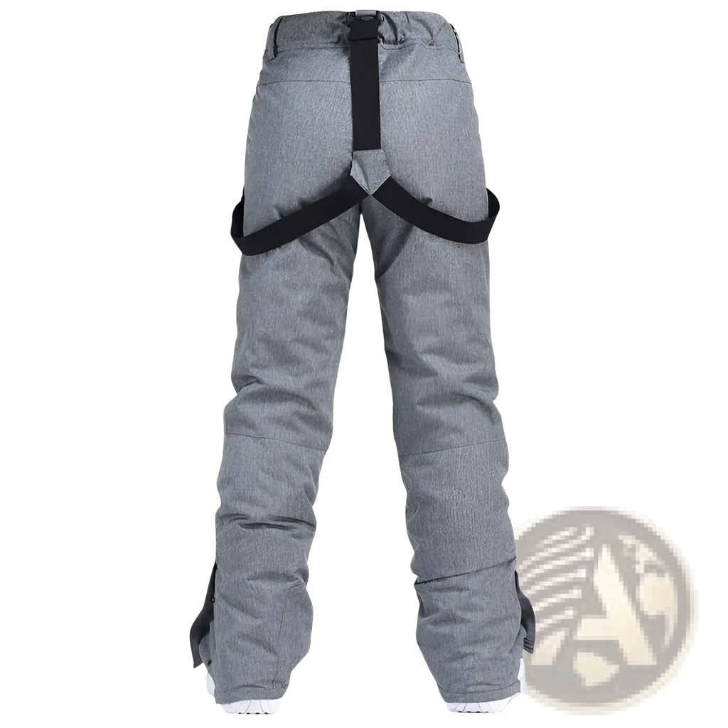 Men waterproof thermal snow pants in gray heathered fabric with black adjustable straps and reinforced stitching