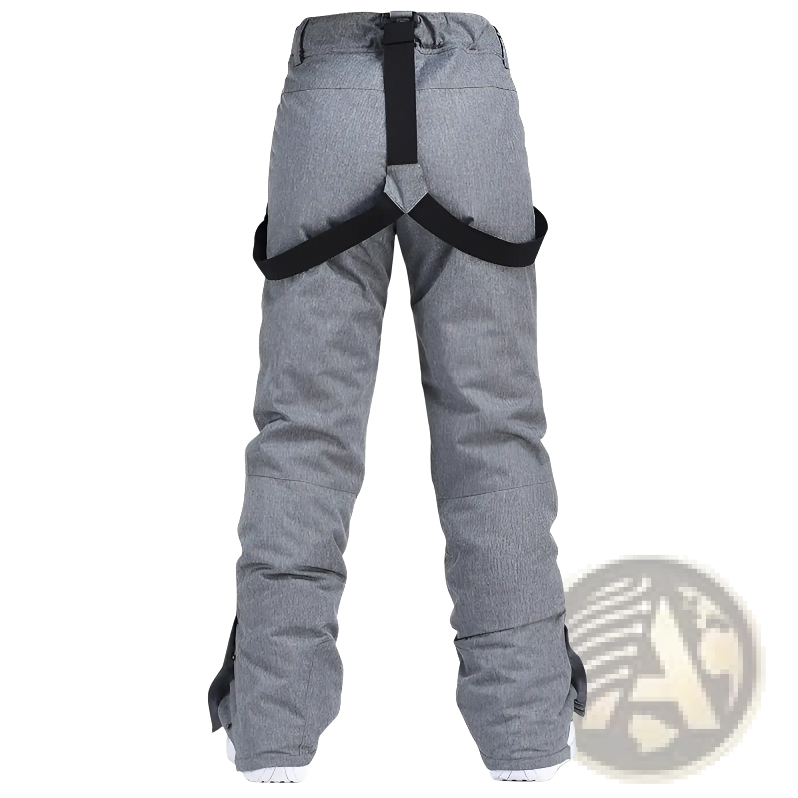 Men waterproof thermal snow pants in gray heathered fabric with black adjustable straps and reinforced stitching