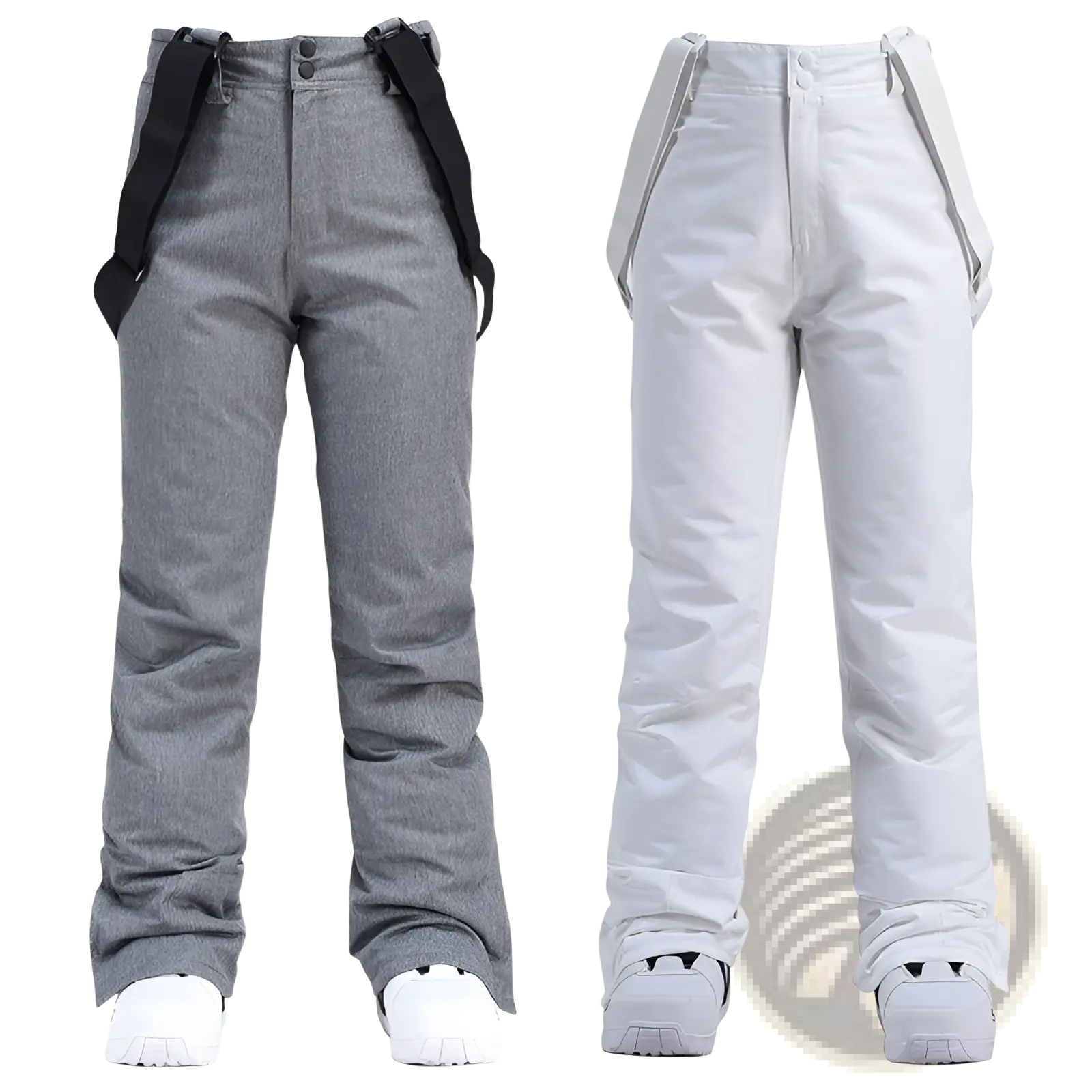 Men waterproof thermal snow pants in gray and white with adjustable black and gray suspenders for winter sports