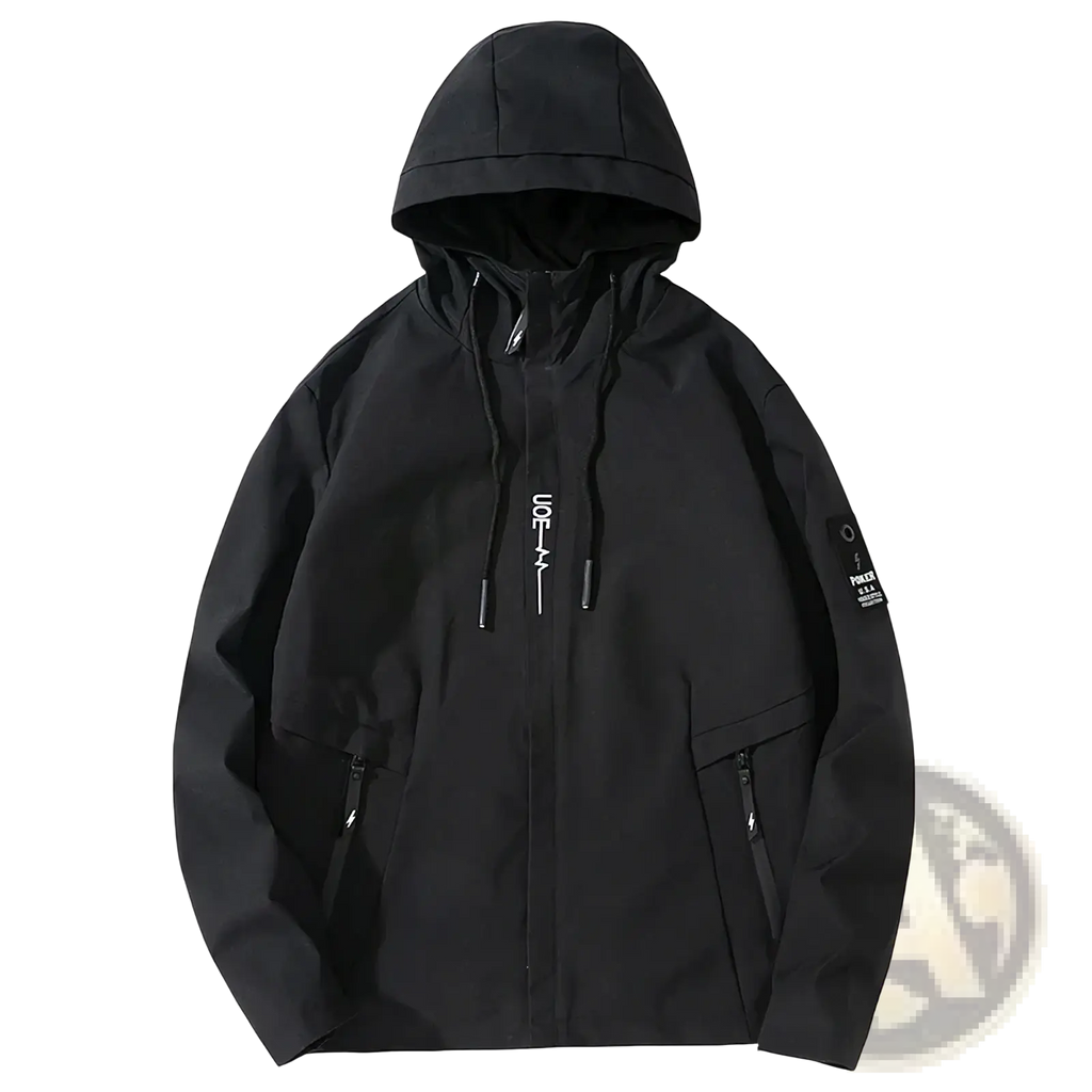 Men waterproof windbreaker jacket black hooded with full-length zipper white lettering and patch on left sleeve for hiking