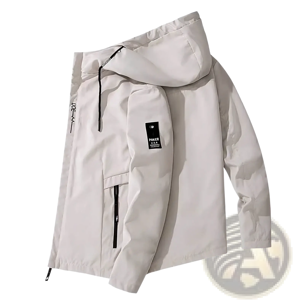 Men waterproof windbreaker jacket in light gray with black zipper accents and branded patch for outdoor hiking