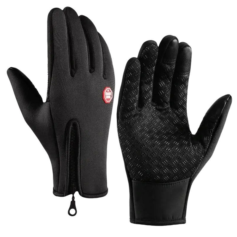Black synthetic leather men waterproof windproof motorcycle riding gloves with textured grip and red logo patch
