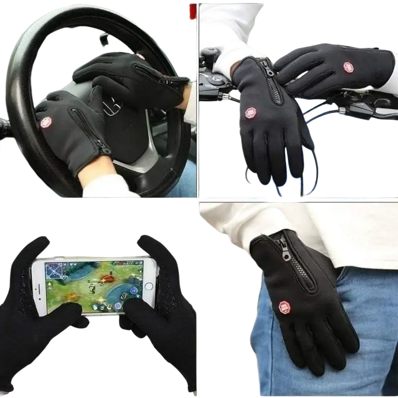 Black synthetic leather men waterproof windproof motorcycle riding gloves back view with zipper pockets and red logo