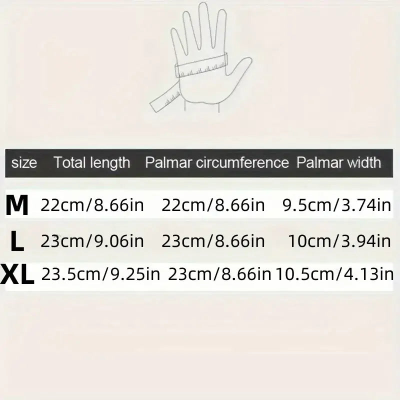 Hand glove size chart showing medium large and extra large measurements for men waterproof windproof synthetic leather motorcycle gloves