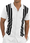 Men wavy stripe short sleeve shirt white cotton fabric with bold black wavy stripes running down the front