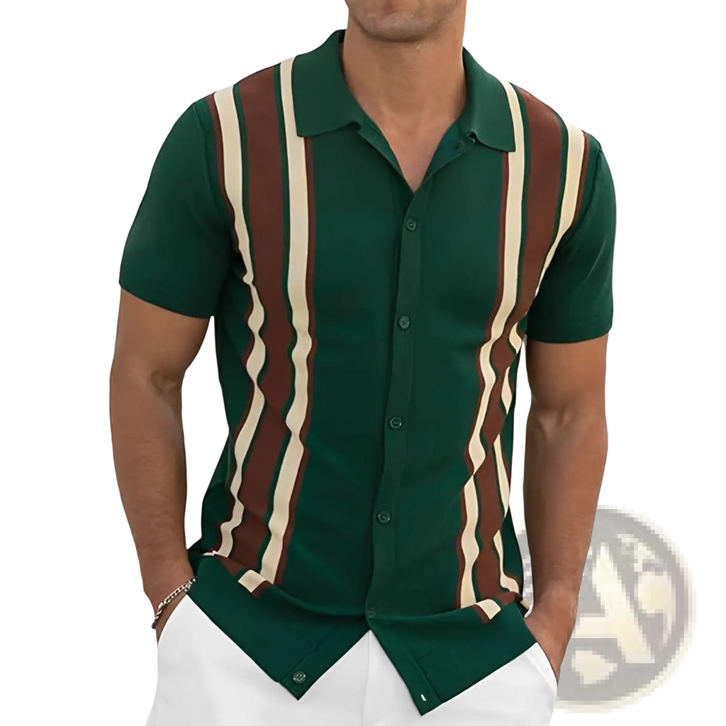 Men wavy stripe short sleeve shirt in dark green with bold maroon and cream vertical stripes and button-down placket