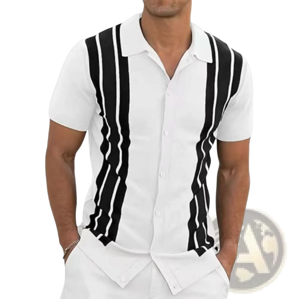 Men wavy stripe short sleeve white shirt with bold black wavy stripes down the front in lightweight fabric