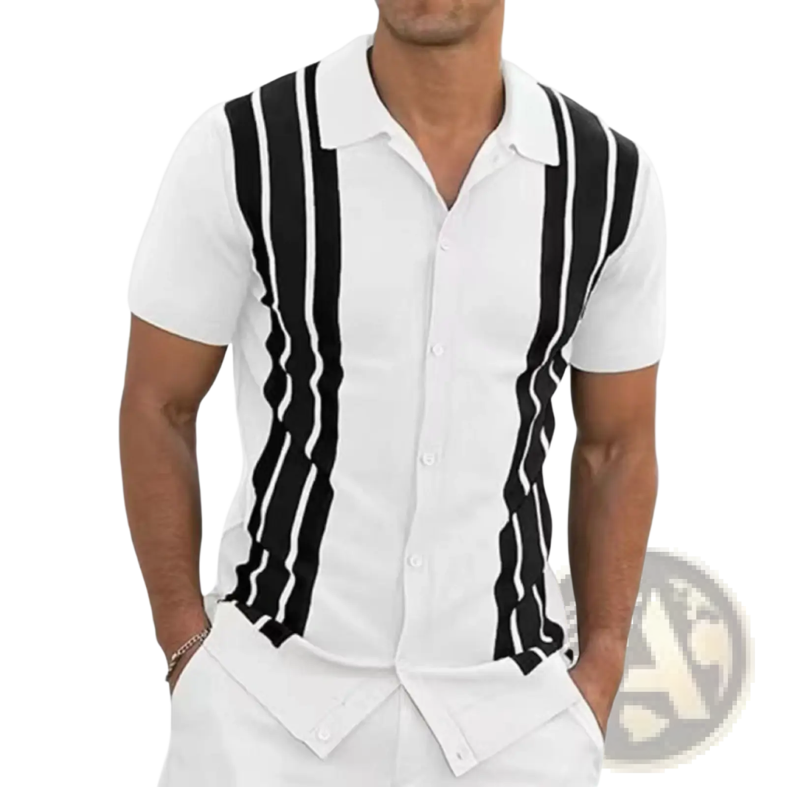 Men wavy stripe short sleeve white shirt with bold black wavy stripes down the front in lightweight fabric