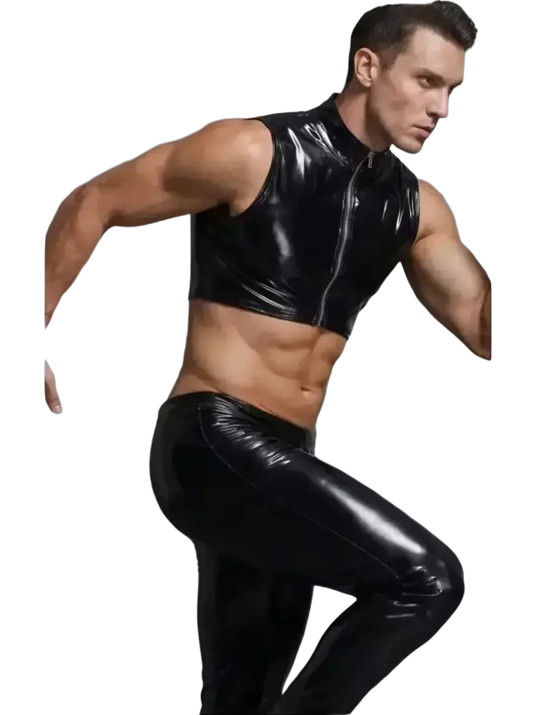 Black glossy pvc tank top and matching leggings for men wet look with front zipper detail