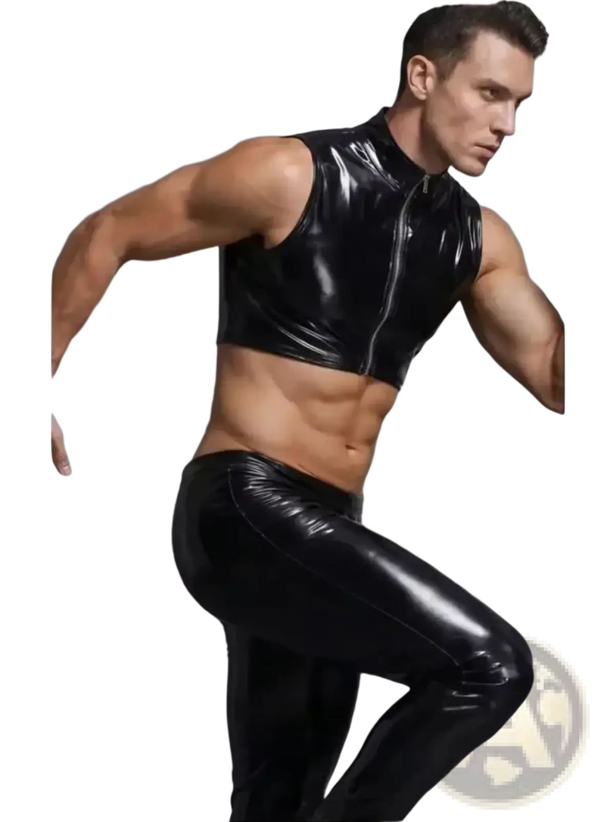 Men wet look pvc tank top in black glossy latex with front zipper and matching high waisted pants shown from front