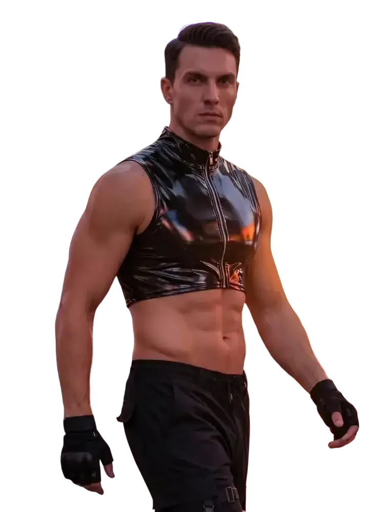Men wet look pvc tank top in black glossy vinyl with front zipper and metallic accents