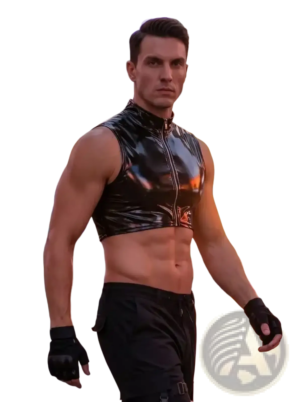 Men wet look pvc tank top in black glossy vinyl with front zipper and metallic accents