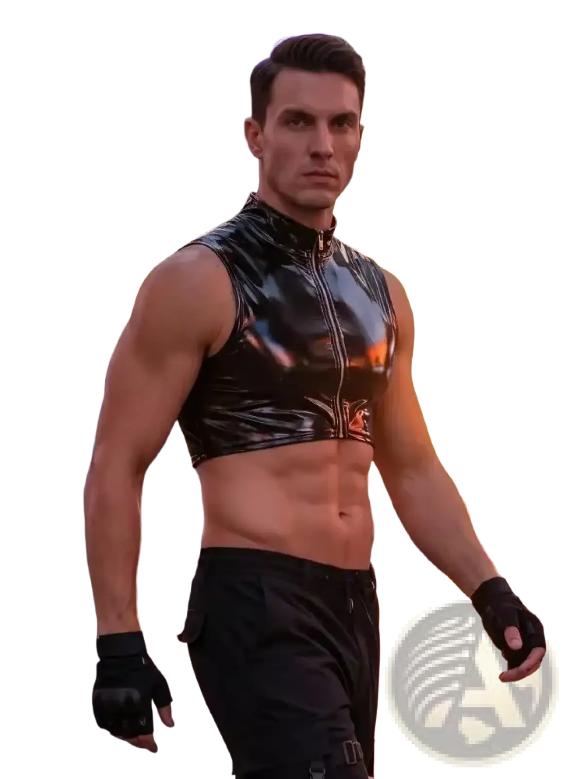 Men wet look pvc tank top in black glossy vinyl with front zipper and metallic accents