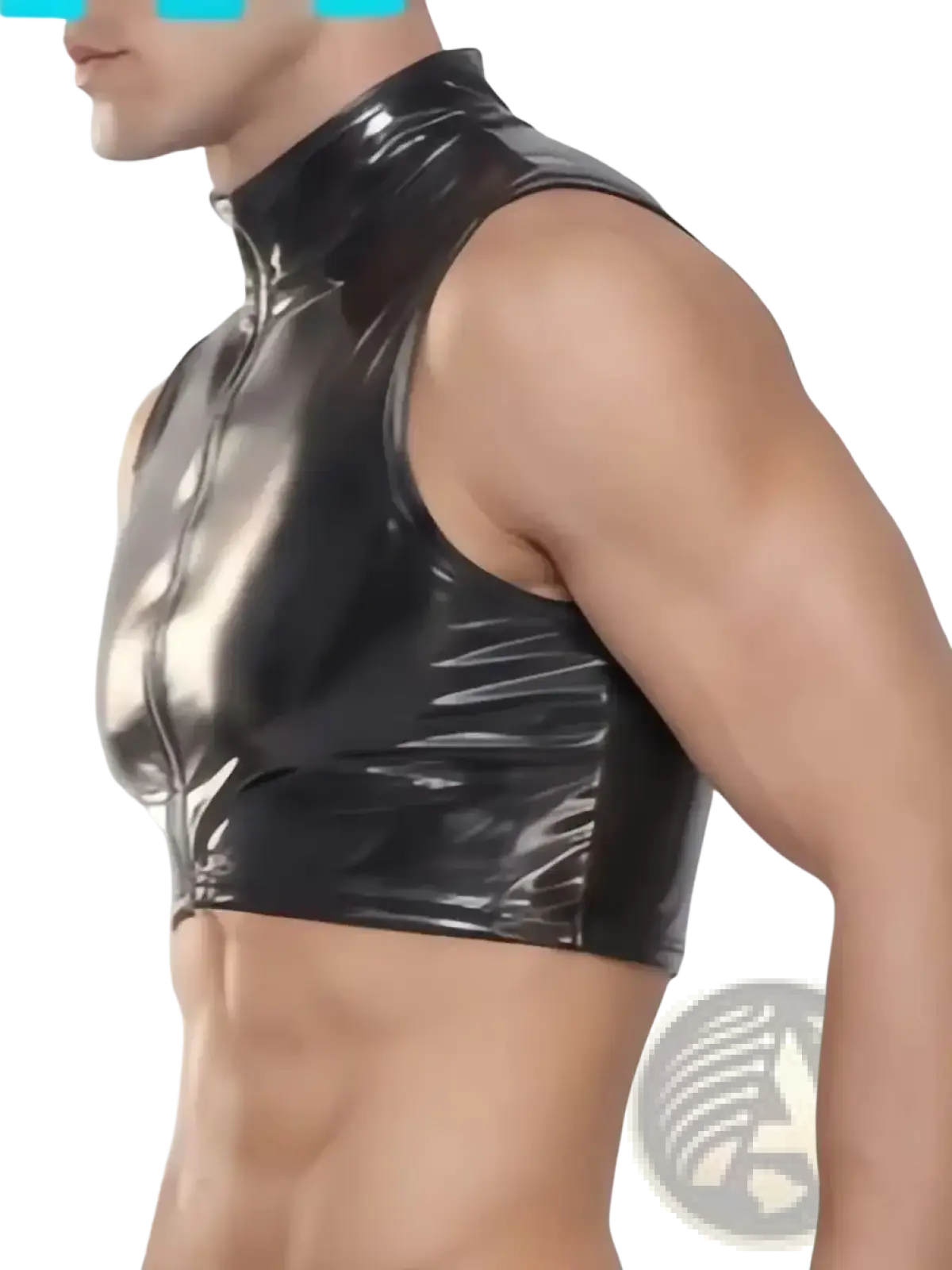 Men wet look pvc tank top featuring a black glossy vinyl sleeveless design with a high collar and front zipper