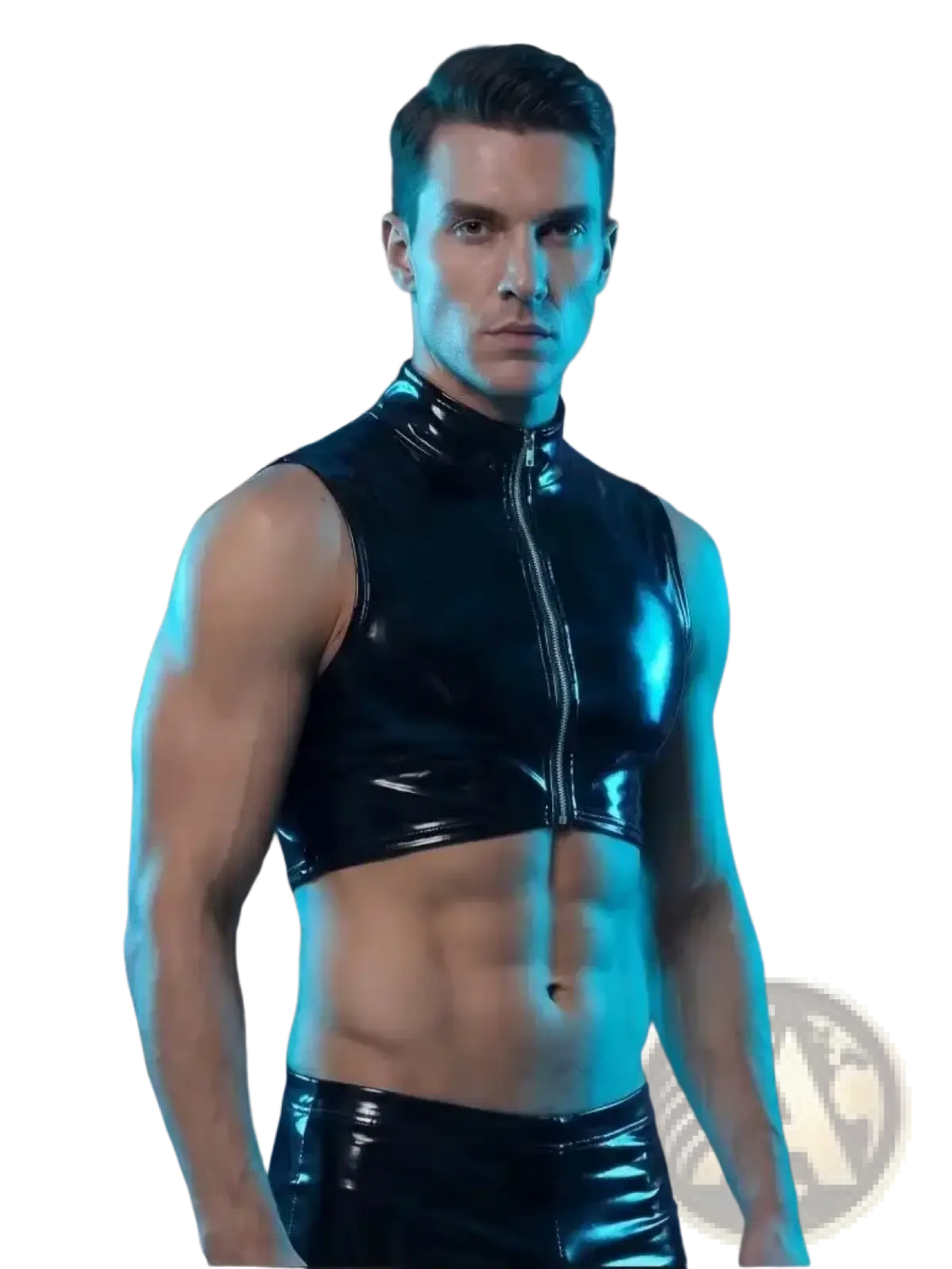 Men wet look pvc tank top in black glossy vinyl with high collar sleeveless design and front zipper closure