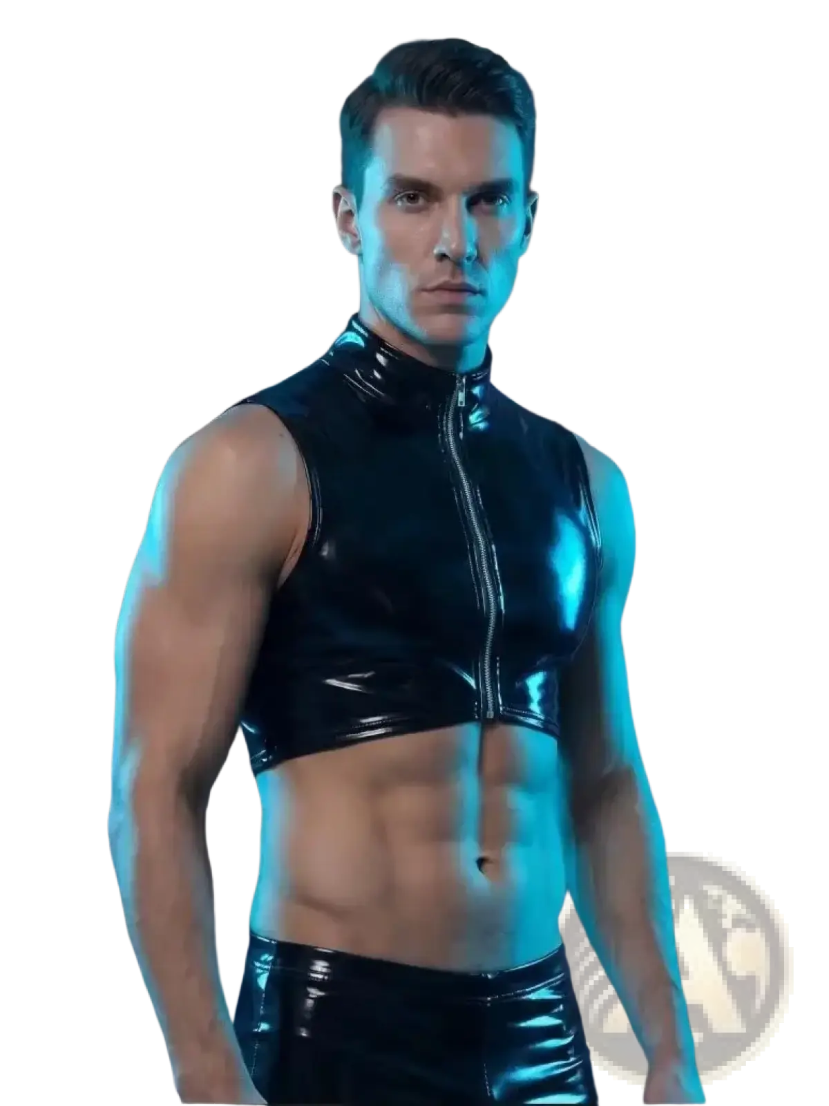 Men wet look pvc tank top in black glossy vinyl with high collar sleeveless design and front zipper closure