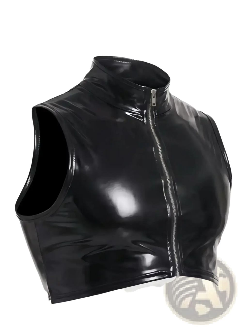 Black glossy vinyl cropped vest with high collar and front zipper men wet look pvc tank top